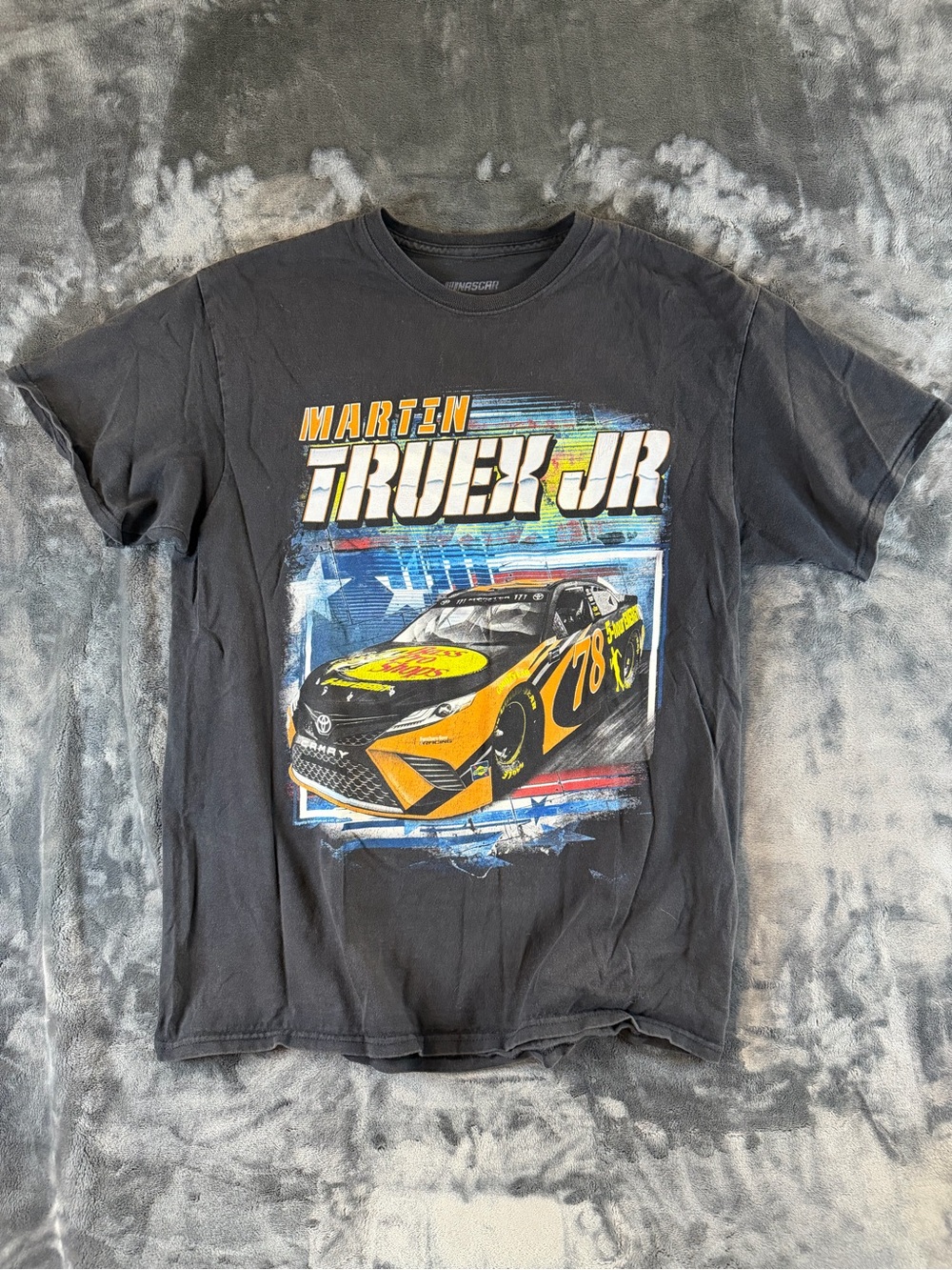 Nascar Black Tee with Yellow and Blue Racing Graphics